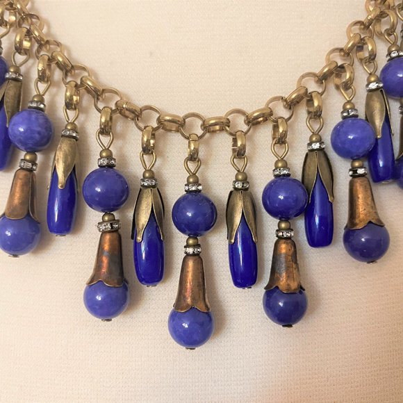Vintage Antique Brass & Blue Glass & Rhinestone Dangle Necklace - Picture 5 of 9